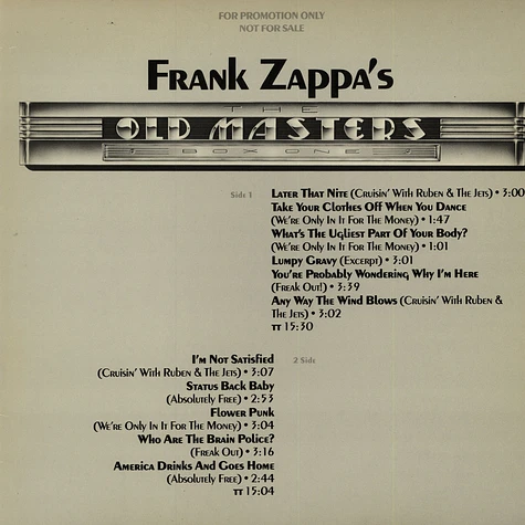 Frank Zappa - The Old Masters, Box One Sampler