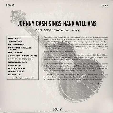 Johnny Cash - Sings Hank Williams And Other Favorite Tunes