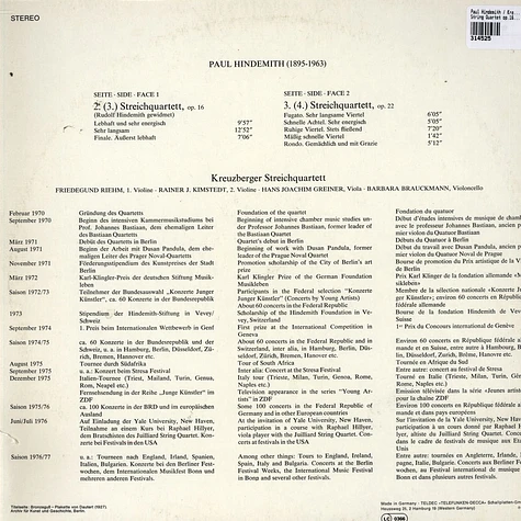 Paul Hindemith / Kreuzberger Streichquarttte - String Quartet op.16 & op.22
