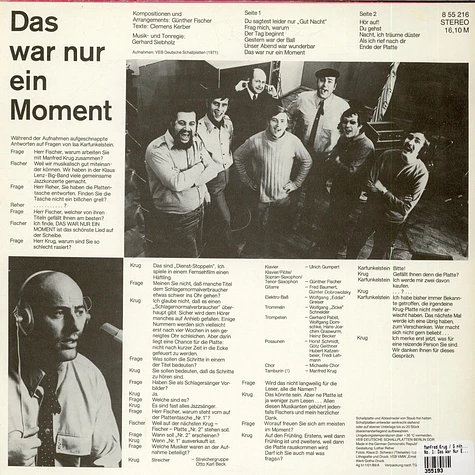 Manfred Krug , Musik Von Günther Fischer - Das War Nur Ein Moment (No. 1)