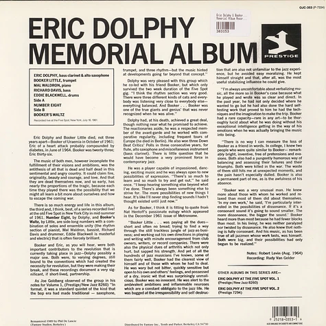 Eric Dolphy & Booker Little - Memorial Album Recorded Live At The Five Spot
