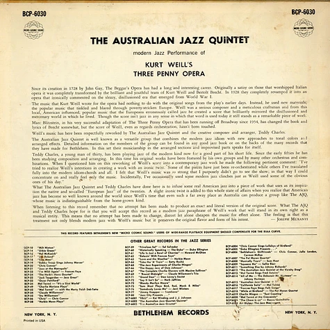 The Australian Jazz Quintet - Modern Jazz Performance Of Kurt Weill's Three Penny Opera