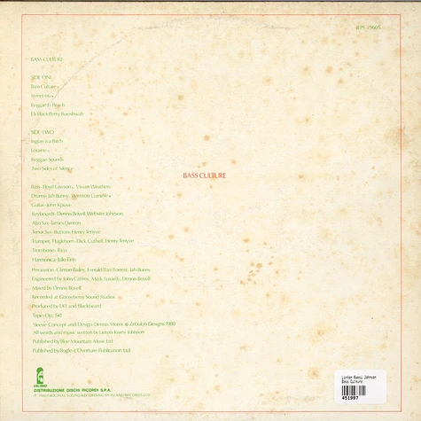 Linton Kwesi Johnson - Bass Culture - Vinyl LP - 1980 - IT