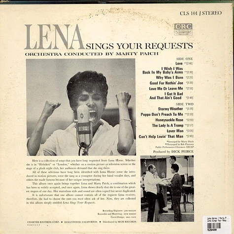 Lena Horne Conductor Marty Paich - Lena Sings Your Requests