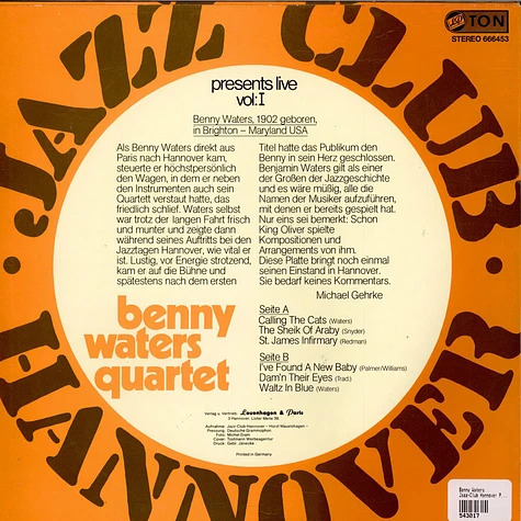 Benny Waters - Jazz-Club Hannover Presents Benny Waters Quartet Live Vol: 1
