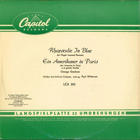 Paul Whiteman & His Concert Orchestra , Leitung: Paul Whiteman - Rhapsodie In Blue / Ein Amerikaner In Paris