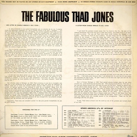 Thad Jones With Frank Wess, Hank Jones, John Dennis , Charles Mingus, Kenny Clarke, Max Roach - The Fabulous Thad Jones