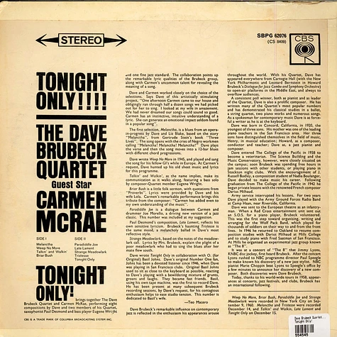 The Dave Brubeck Quartet Guest Star Carmen McRae - Tonight Only!