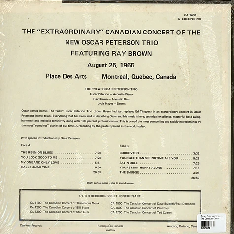 The Oscar Peterson Trio - The Canadian Concert Of Oscar Peterson
