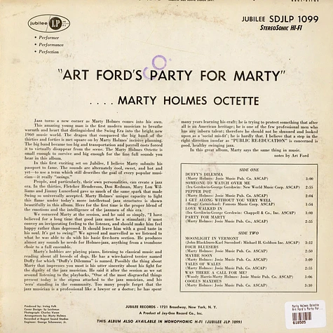 Marty Holmes Octette - Art Ford's Party For Marty. The Exciting New Sound Of The Marty Holmes Octette