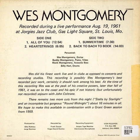 Wes Montgomery - Live At Jorgies