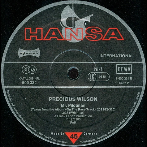 Precious Wilson - On The Race Track / Mr. Pilot Man
