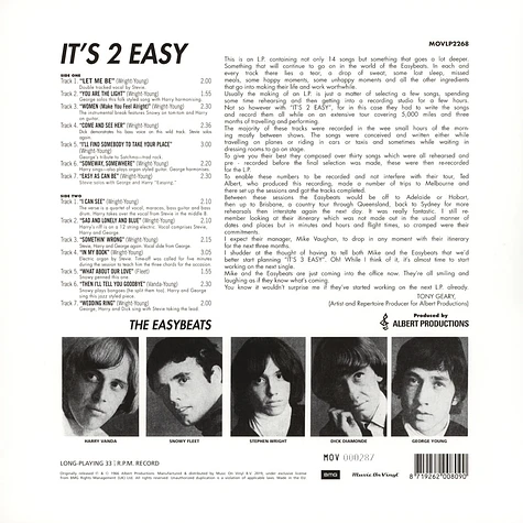 Easybeats - It's 2 Easy Black Vinyl Version