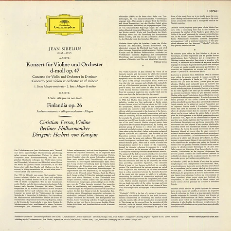 Jean Sibelius, Berliner Philharmoniker, Christian Ferras, Herbert von Karajan - Violinkonzert, Finlandia