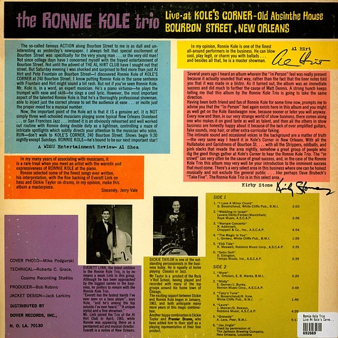 Ronnie Kole Trio - Live At Kole's Corner Old Absinthe House Bourbon Street New Orleans