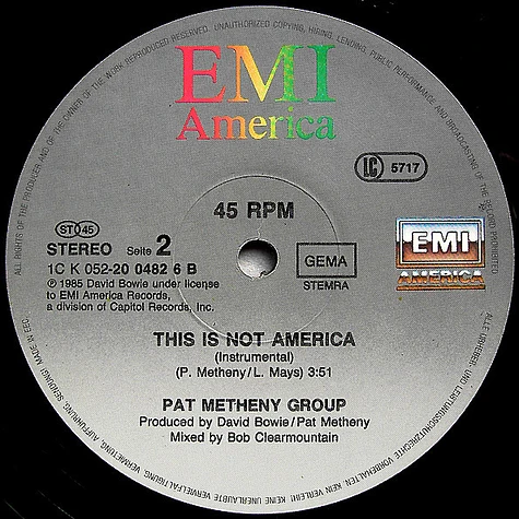 David Bowie / Pat Metheny Group - This Is Not America (Theme From The Original Motion Picture, The Falcon And The Snowman)