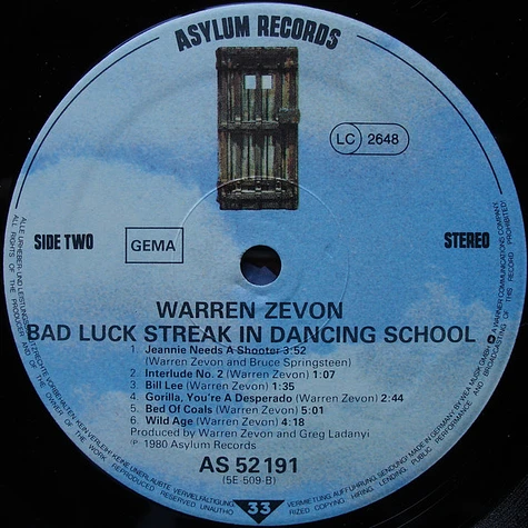 Warren Zevon - Bad Luck Streak In Dancing School