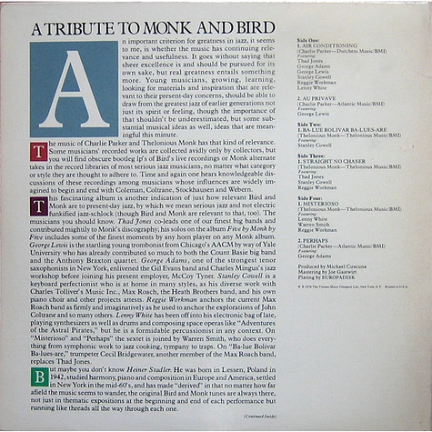 Thad Jones / George Adams / George Lewis / Stanley Cowell / Reggie Workman / Lenny White / Heiner Stadler - A Tribute To Monk And Bird