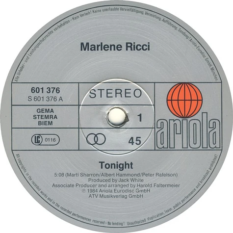 Marlene Ricci - Tonight (Extended Version) / Your Love Broke Through