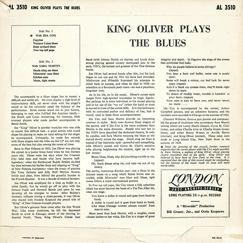 King Oliver With Ida Cox And Sara Martin And Clarence Williams And His Orchestra - King Oliver Plays The Blues