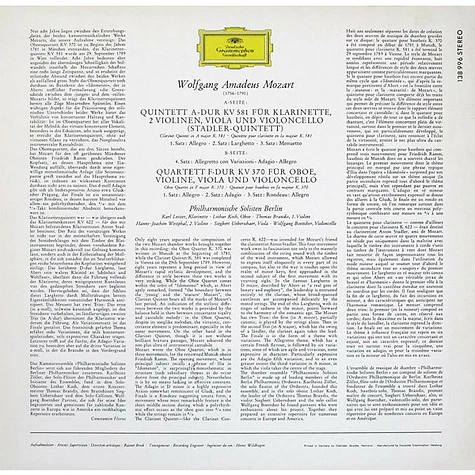 Wolfgang Amadeus Mozart, Philharmonische Solisten Berlin - Klarinettenquintett KV 581 ∙ Oboenquartett KV 370