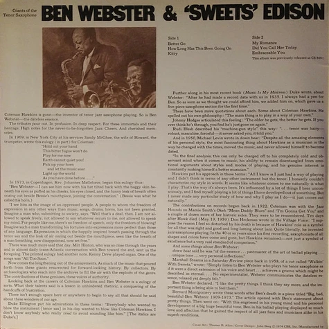 Ben Webster & Harry Edison / Coleman Hawkins & Clark Terry - Giants Of The Tenor Saxophone / The Genius Of Ben Webster And Coleman Hawkins