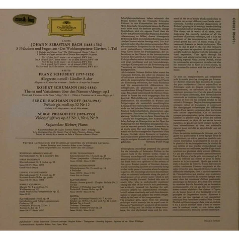 Sviatoslav Richter Piano Johann Sebastian Bach · Franz Schubert · Robert Schumann · Sergei Vasilyevich Rachmaninoff · Sergei Prokofiev - Recital II