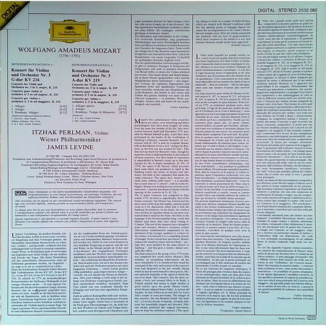 Wolfgang Amadeus Mozart • Wiener Philharmoniker • Itzhak Perlman • James Levine - Violinkonzerte - Violin Concertos Nos. 3 & 5