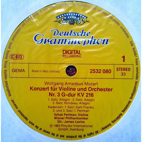 Wolfgang Amadeus Mozart • Wiener Philharmoniker • Itzhak Perlman • James Levine - Violinkonzerte - Violin Concertos Nos. 3 & 5