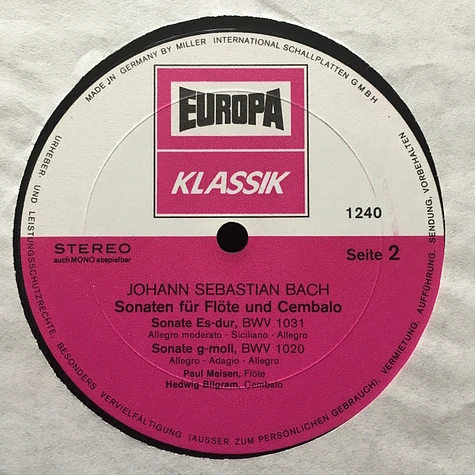 Johann Sebastian Bach - Paul Meisen, Hedwig Bilgram - Sonaten Für Flöte Und Cembalo