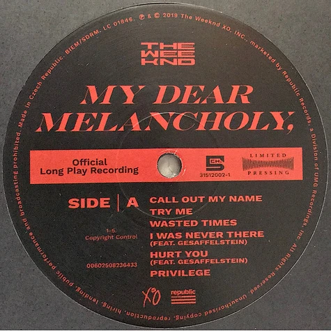 The Weeknd - My Dear Melancholy, - Vinyl 12 - 2020 - EU - Reissue