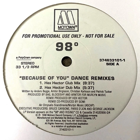 98 Degrees - Because Of You (Dance Remixes) - Vinyl 12 - 1998 - US -  Original