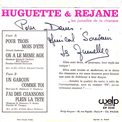 Huguette & Rejane - Pour Trois Mois D’été / On A Le Même Âge / Un Garçon Comme Toi / J’ai Des Chansons Plein La Tête