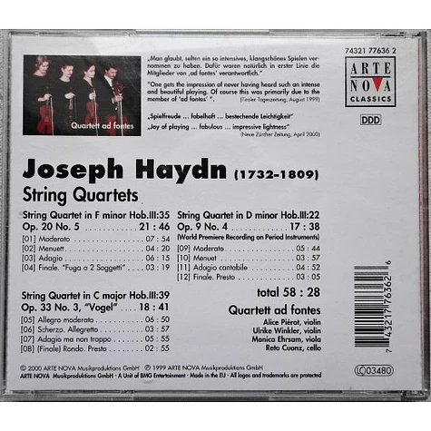 Joseph Haydn, Quatuor Ad Fontes - String Quartets Op. 20 No. 5 - "Vogel" Op. 33 No. 3 - Op 9 No. 4