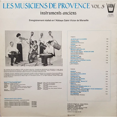 Les Musiciens De Provence - Vol.5 Instruments Anciens-Danceries Du Moyen-Age À La Renaissance-Danses Du XVIème Au XVIIIème Siècle