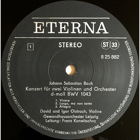 Johann Sebastian Bach / Antonio Vivaldi, David Oistrach Und Igor Oistrach, Gewandhausorchester Leipzig, Franz Konwitschny - Konzert Für Zwei Violinen Und Orchester D-Moll BWV 1043 / Concerto Grosso Op. 3 Nr. 8 A-Moll