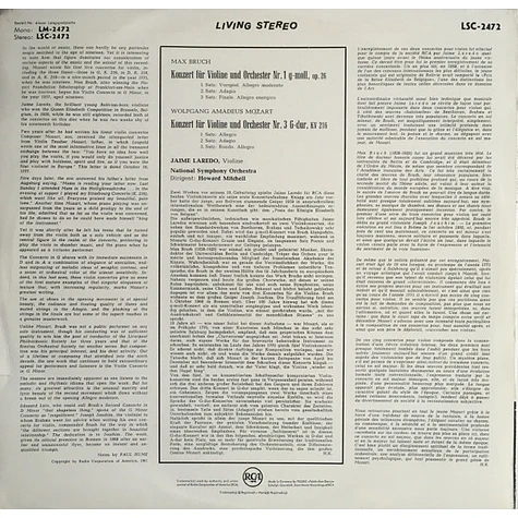 Wolfgang Amadeus Mozart, Max Bruch - Jaime Laredo, National Symphony Orchestra, Howard Mitchell - Bruch Concerto No.1, Mozart Concerto No.3