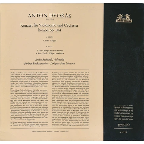 Antonín Dvořák, Enrico Mainardi, Fritz Lehmann, Berliner Philharmoniker - Konzert Für Violoncello Und Orchester H-Moll Op. 104