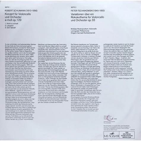Mstislav Rostropovich, Pyotr Ilyich Tchaikovsky / Robert Schumann, Leningrad Philharmonic Orchestra, Gennadi Rozhdestvensky - Variationen Über Ein Rokoko-Thema Für Violoncello Und Orchester Op.33 / Konzert Für Violoncello Und Orchester A-Moll Op.129