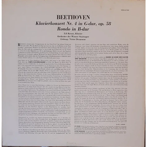 Ludwig van Beethoven / Lili Kraus / Orchester Der Wiener Staatsoper , Leitung: Victor Desarzens - Klavierkonzert Nr. 4 In G-Dur / Rondo In B-Dur Für Klavier Und Orchester