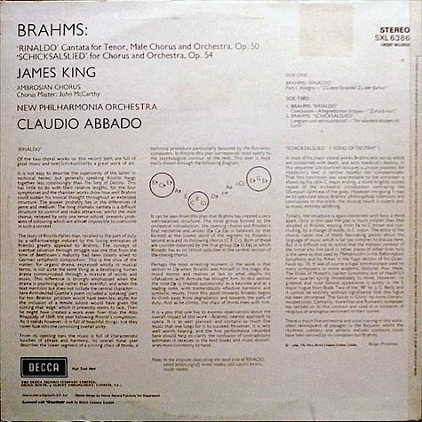 Johannes Brahms – James King , The Ambrosian Singers, New Philharmonia Orchestra, Claudio Abbado - ‘Rinaldo’ / ‘Schicksalslied’ (Song Of Destiny)