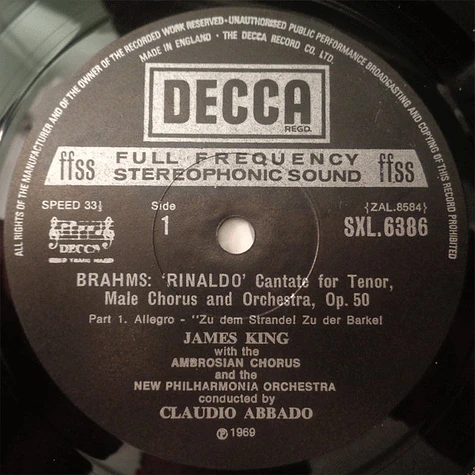 Johannes Brahms – James King , The Ambrosian Singers, New Philharmonia Orchestra, Claudio Abbado - ‘Rinaldo’ / ‘Schicksalslied’ (Song Of Destiny)