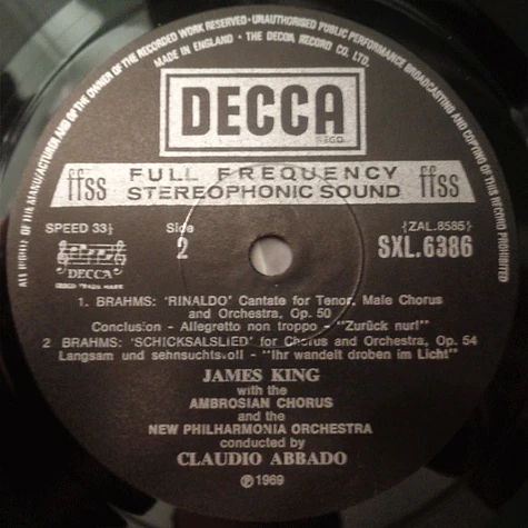 Johannes Brahms – James King , The Ambrosian Singers, New Philharmonia Orchestra, Claudio Abbado - ‘Rinaldo’ / ‘Schicksalslied’ (Song Of Destiny)