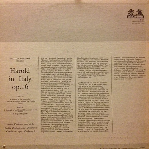 Hector Berlioz, Igor Markevitch, Berliner Philharmoniker - Berlioz - Harold In Italy Op.16 - Heinz Kirchner, Viola. Berlin Philharmonic Orchestra. Conductor: Igor Markevitch