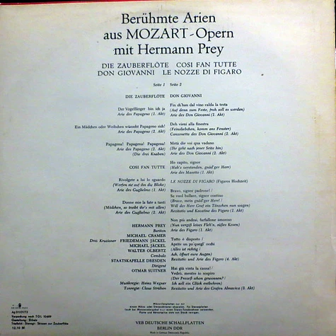 Wolfgang Amadeus Mozart - Hermann Prey, Staatskapelle Dresden Dirigent Otmar Suitner - Berühmte Arien Aus MOZART-Opern Mit Hermann Prey