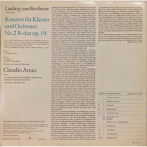 Ludwig van Beethoven, Claudio Arrau, Concertgebouworkest, Bernard Haitink - Konzert Für Klavier Und Orchester Nr. 2 B-dur Op. 19