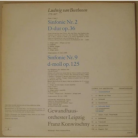 Ludwig van Beethoven, Ingeborg Wenglor, Ursula Zollenkopf, Hans-Joachim Rotzsch, Theo Adam, Rundfunkchor Leipzig, Gewandhausorchester Leipzig, Franz Konwitschny - Sinfonie Nr. 9 D-moll Op. 125 Mit Schlußchor Über Schillers Ode »An Die Freude« / Sinfonie Nr. 2 D-dur Op. 36