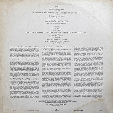 Johann Sebastian Bach / Antonio Vivaldi - David Oistrach und Igor Oistrach, Royal Philharmonic Orchestra Dirigenten: Sir Eugene Goossens / David Oistrach - Konzert Für Zwei Violinen Und Orchester D-Moll BWV 1043 / Concerto Grosso A-moll Op. 3 Nr. 8