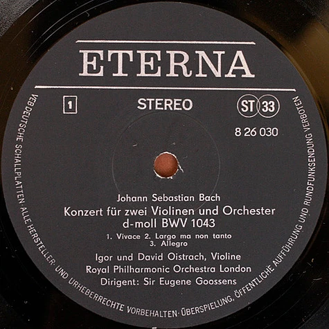 Johann Sebastian Bach / Antonio Vivaldi - David Oistrach und Igor Oistrach, Royal Philharmonic Orchestra Dirigenten: Sir Eugene Goossens / David Oistrach - Konzert Für Zwei Violinen Und Orchester D-Moll BWV 1043 / Concerto Grosso A-moll Op. 3 Nr. 8