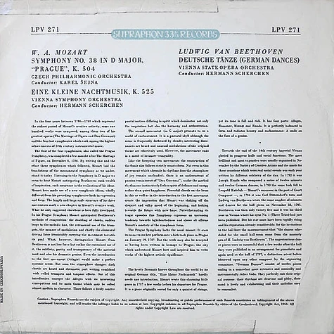 Wolfgang Amadeus Mozart / Ludwig van Beethoven, The Czech Philharmonic Orchestra / Wiener Symphoniker / Orchester Der Wiener Staatsoper, Karel Šejna / Hermann Scherchen - Symphony No. 38 In D Major, "Prague", K. 504 / Eine Kleine Nachtmusik, K. 525 / Deutsche Tänze